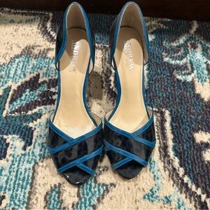 Andrew Stevens Navy and Teal Patent Cross-Strap Heels